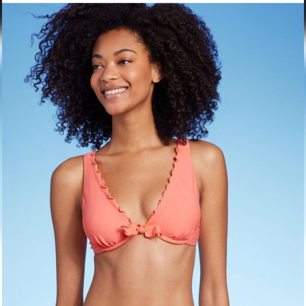 Women's Tie-Front Lettuce-Edge Underwire Bikini Top - Shade & Shore Pink 36D